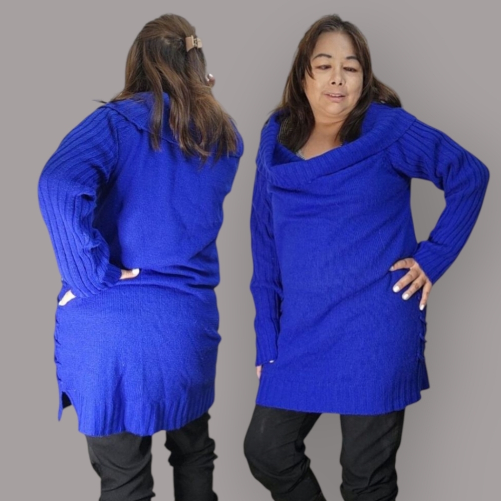 LILY MORGAN WOMENS SIZE LARGE BLUE TURTLE NECK SWEATER WITH LACE DOWN THE SIDE